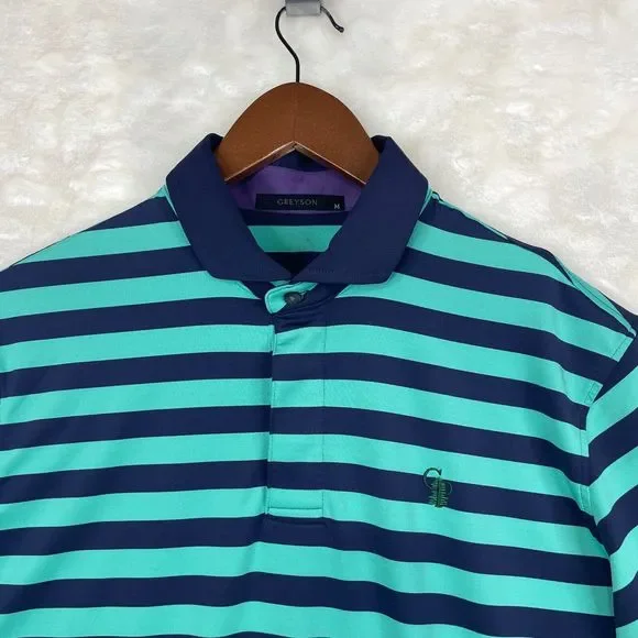 Greyson Polo Shirt Mens Medium Blue Green Striped Performance Stretch Golf * - Picture 2 of 13